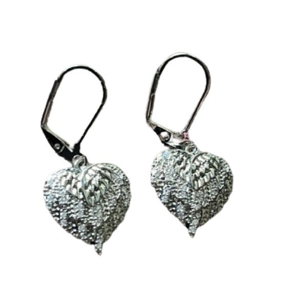 Silver angel wing rhinestone heart earrings